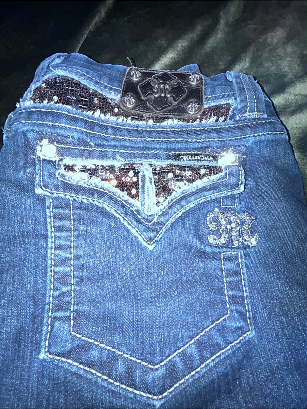 Miss Me Blue Denim Shorts with Brown Sequin Pocket Accents